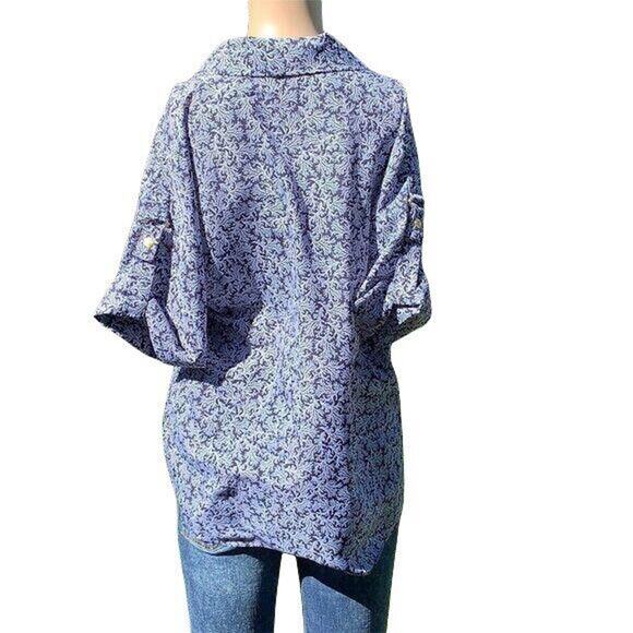 Michael Kors Womens Blouse Top Floral Silky V Neck Pullover Blue White Small - Picture 3 of 6